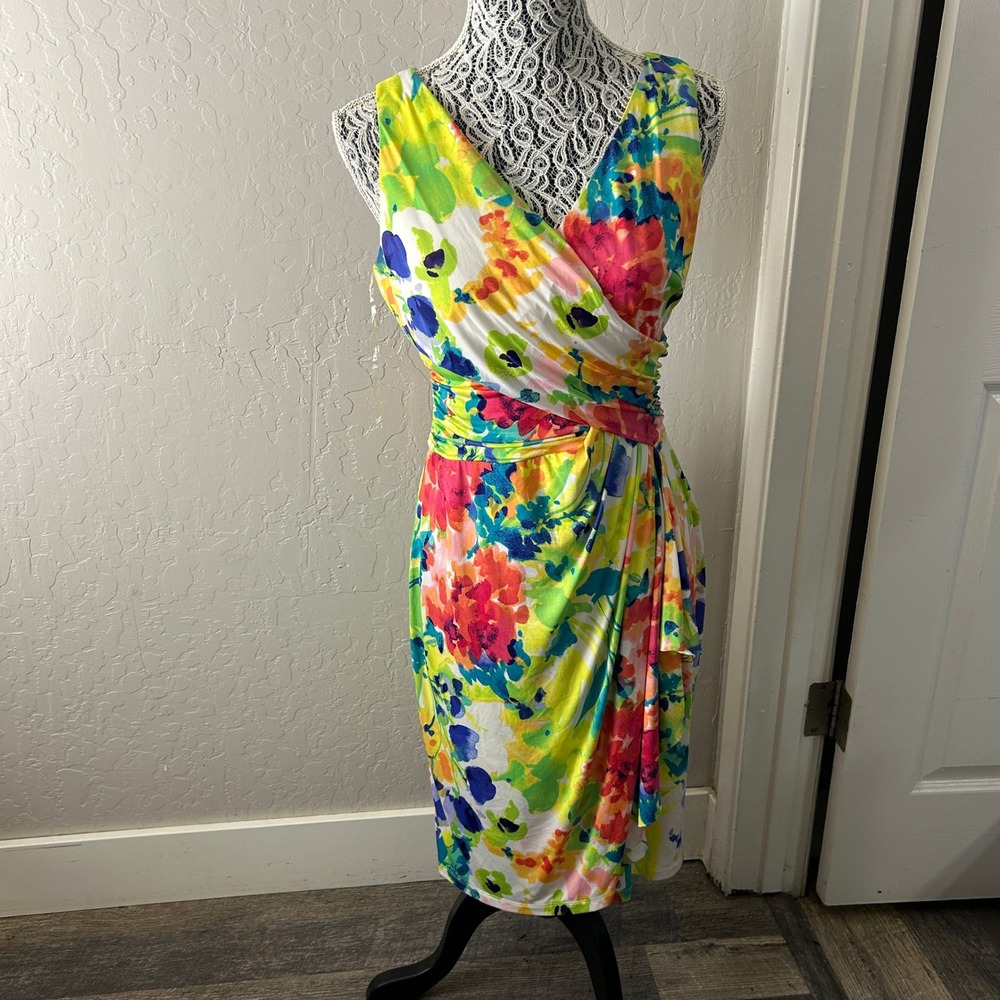 Chaps Faux Wrap Sheath Dress Womens Medium Floral Multicolor Sleeveless‎ Stretch